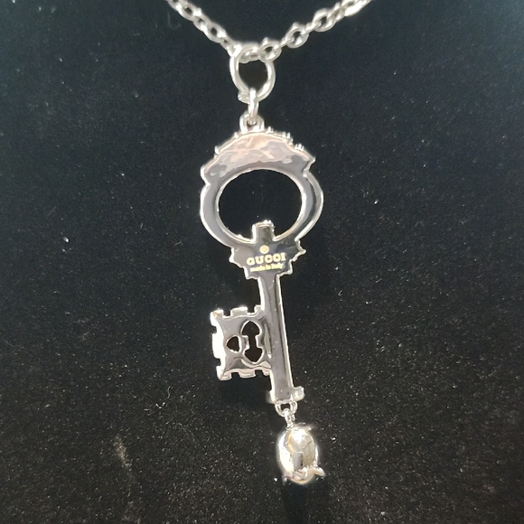 Silver Key Necklace with Emerald Green Accent With Upcycled Chain #80 - Picture 2 of 2